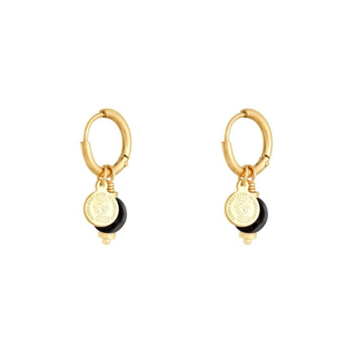 Oorbellen coin stone black goud